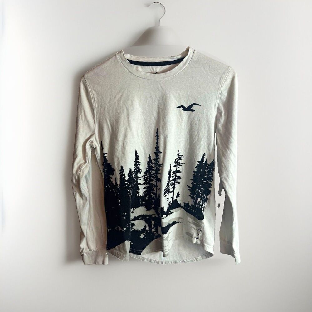 Hollister Men's XS White/Black Long Sleeve Crew Neck Cotton Logo Graphic T-Shirt
